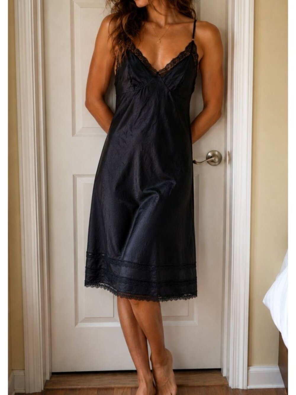 Vintage Unbranded Black Lace Nightgown Slip Dress Satin Nylon Goth Whimsy  XL